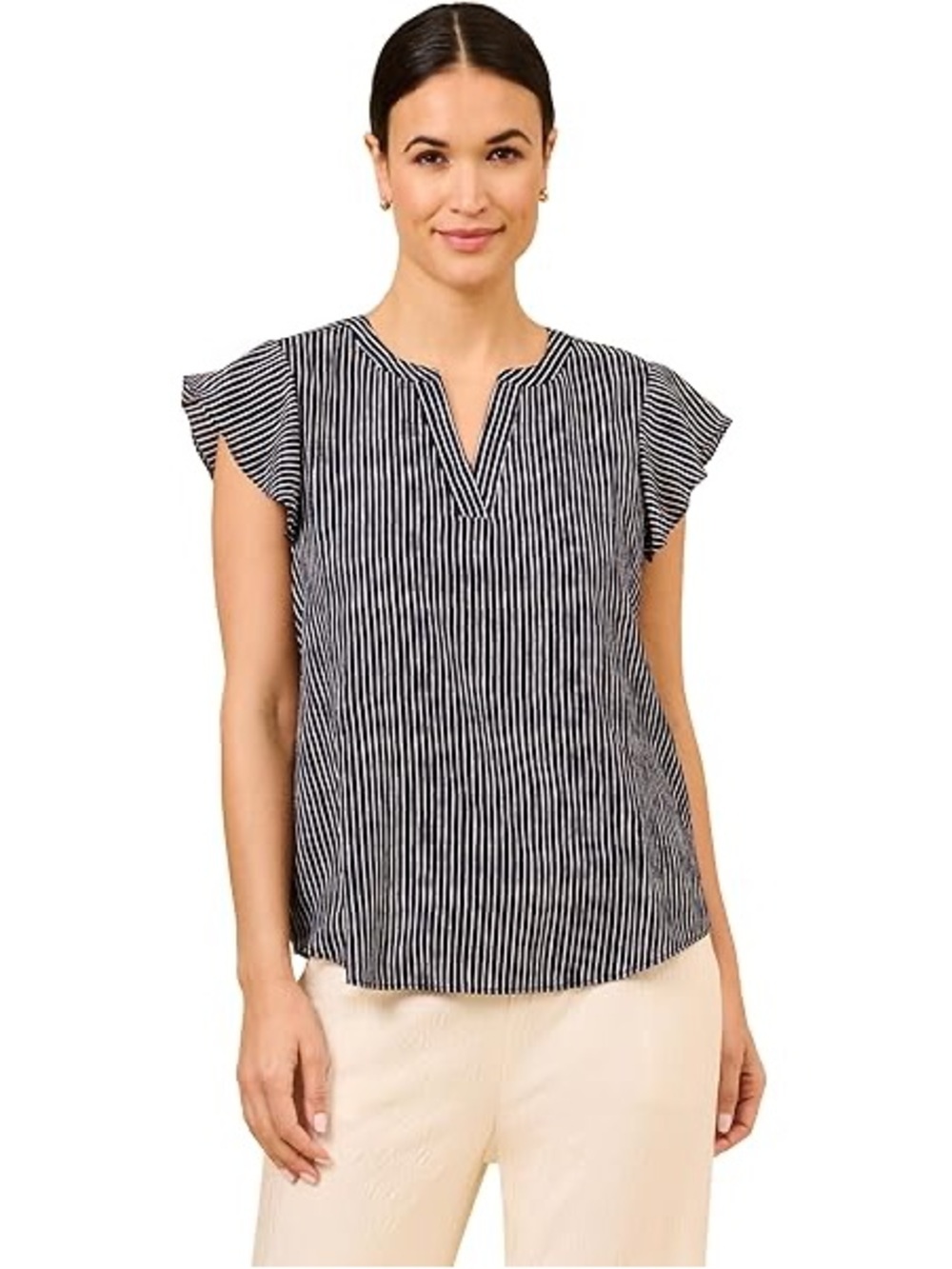 Adrianna Papell Black and White Vertical Stripe V-Neck Flutter Sleeve Top